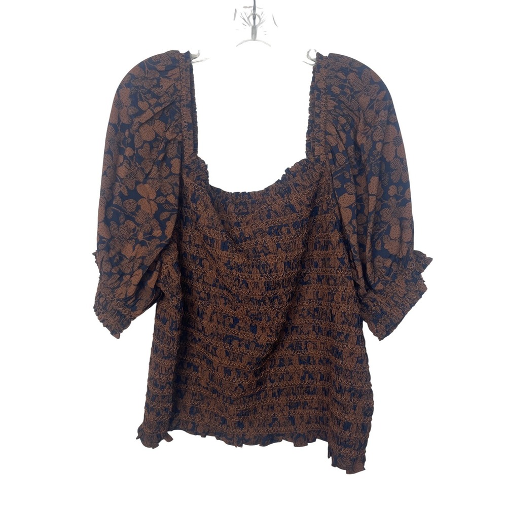 Terra & Sky Floral Fudge Brownie Smocked Elbow Sleeve Top Womens 3X New